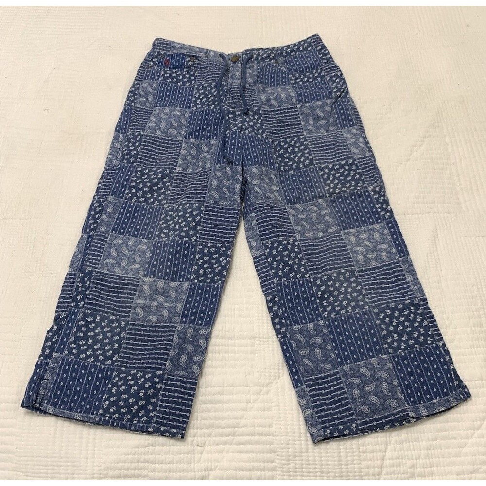 Lauren Ralph Lauren Blue Paisley Patch Madras Cropped Pants Sz 4 Bohemian Hippie